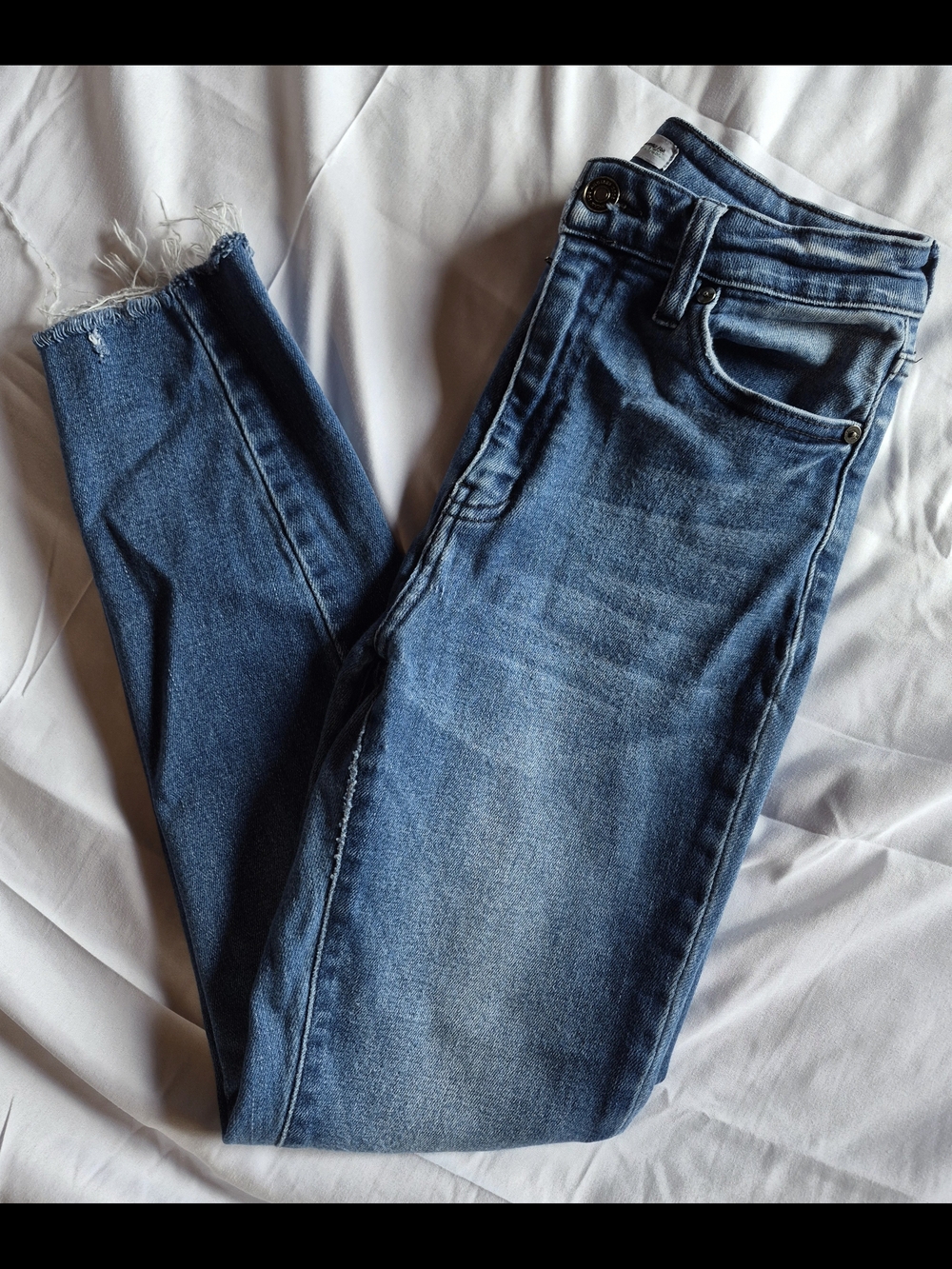 KanCan Straight Leg Jeans in Blue Wash with Raw Hem